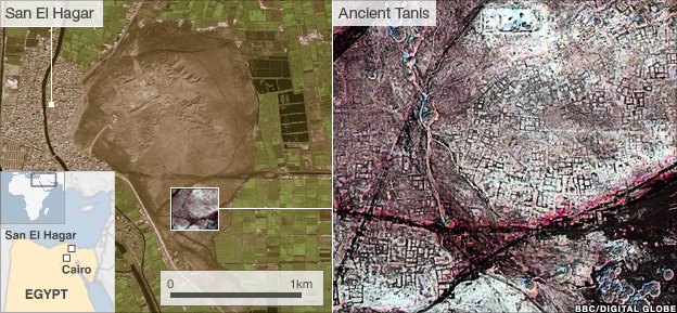 Modern day San El Hakkar and infrared image of ancient Tanis